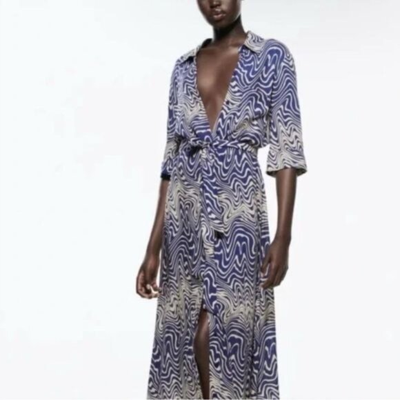 Zara Navy & Ivory Belted Dress - Picture 2 of 9